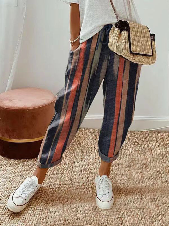 Damen nan legerer Leinen-Jogger mit Kordelzug, Eingrifftaschen und umgeschlagenem Saum EB