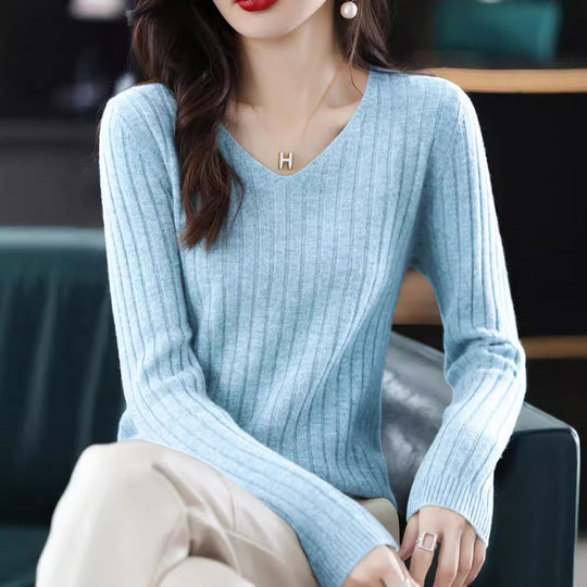 Damen Feinstrickpullover mit V-Ausschnitt und Rippstruktur EB