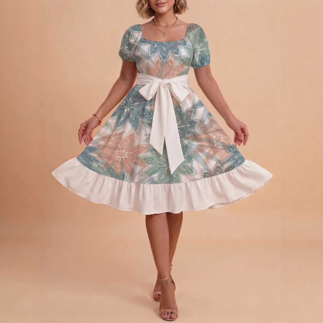 Damen elegantes Maxikleid mit floralem Design und Taillengürtel EB
