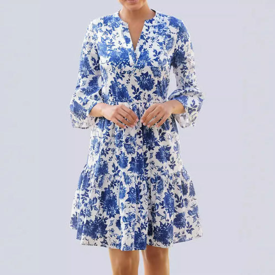 Damen Blumenkleid mit voluminösen Ärmeln und eleganter Passform EB