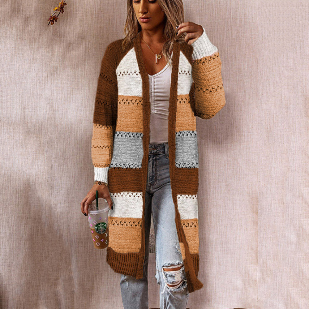 Damen Langstrickjacke mit modernem Streifenmuster und offenen Front EB