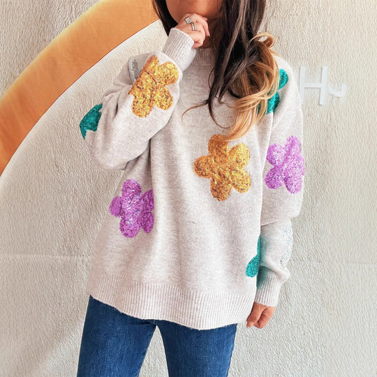 Damen Strickpullover mit bunten Funkelblumen EB