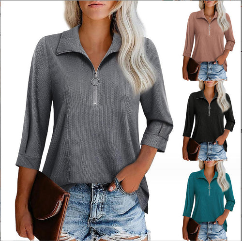 Damen nan lässige Bluse mit Reißverschlusskragen dreiviertelärmel und ausgestelltem Saum EB
