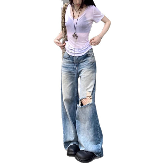 Damen Weit geschnittene Destroyed Jeans mit lässigem Schnitt und modischen Riss-Details EB