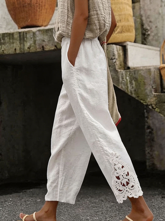 Damen Casual-Hose aus Leinenmischung mit elastischem Tunnelzugbund und Spitzenstickerei am Bein EB