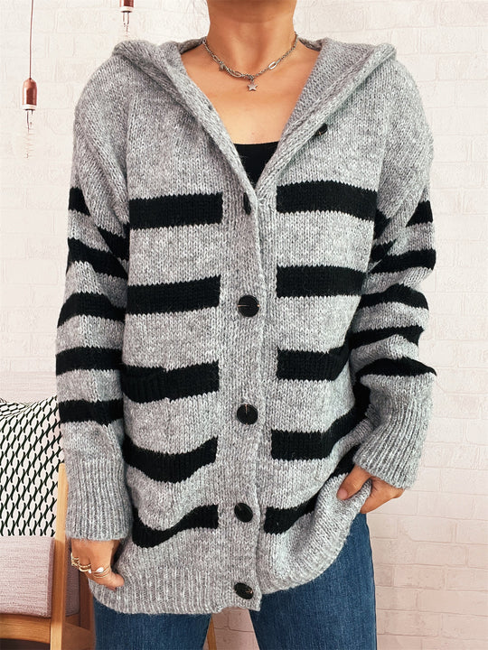 Damen oversized Strickjacke mit kontrastierenden Streifen und Kapuze EB