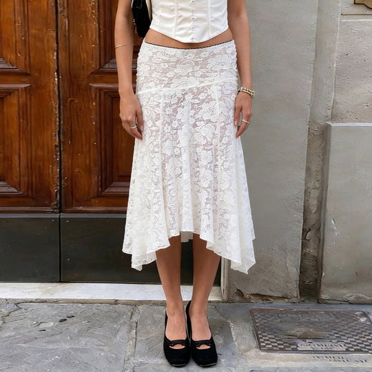 Damen Spitzenrock mit asymmetrischem Schnitt und floralen Details EB