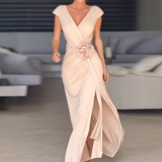 Damen Elegantes Maxikleid mit raffiniertem Wickeldesign und Blumenapplikation EB