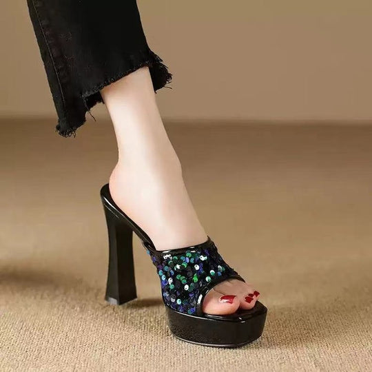 Damen glamouröse Plateau-Pumps mit funkelnden Paillettendetails EB