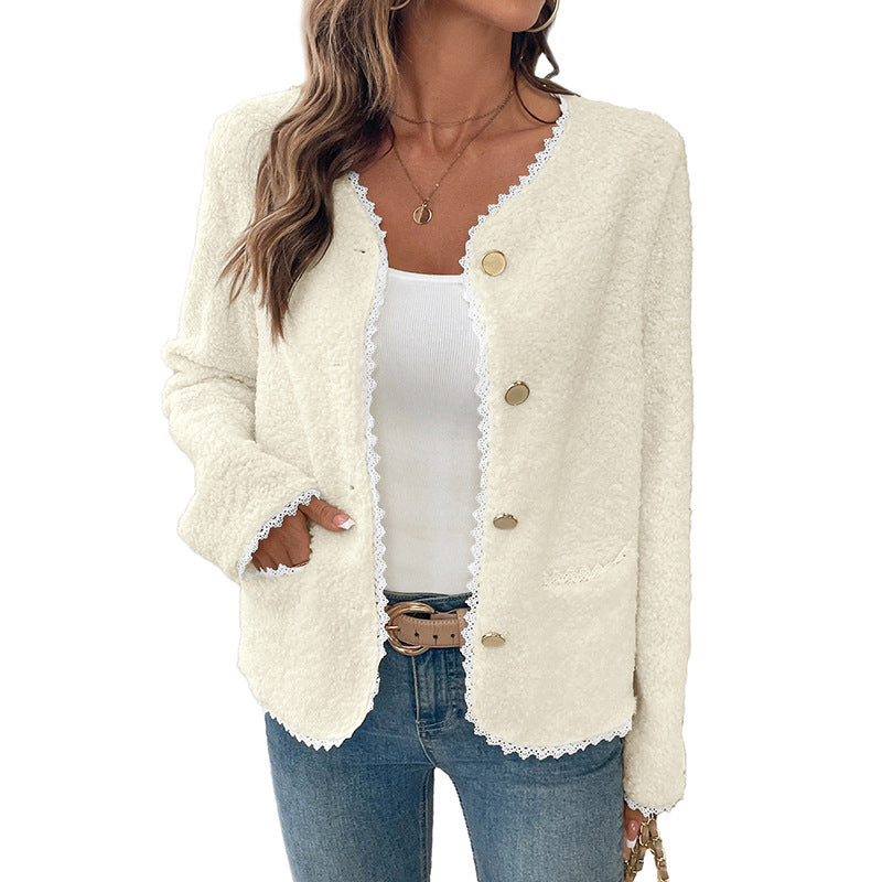 Damen weiche Teddyjacke mit Spitzenverzierung EB