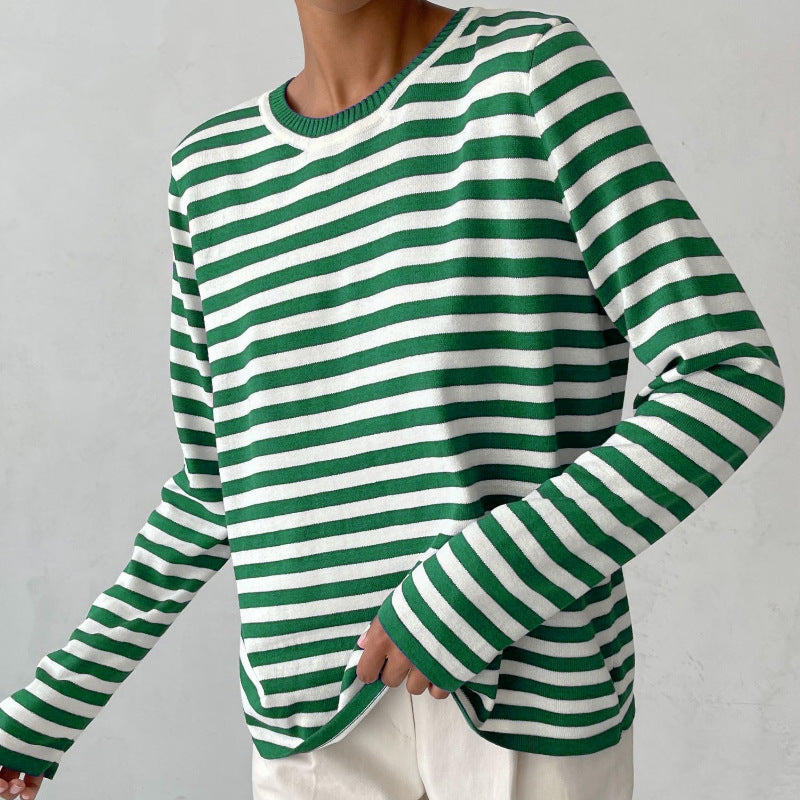 Damen nan gestreifter Baumwollpullover mit Rundhals und legerer Passform EB