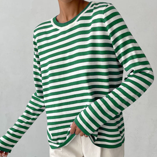 Damen nan gestreifter Baumwollpullover mit Rundhals und legerer Passform EB
