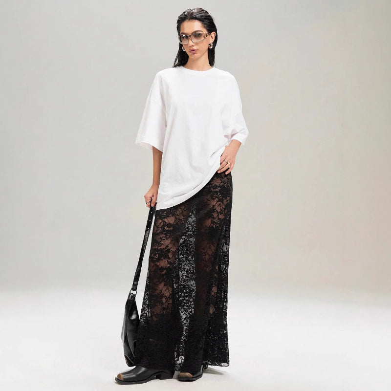 Damen Elegante Spitzenmaxi-Rock mit durchscheinendem Design und seitlichem Schlitz EB