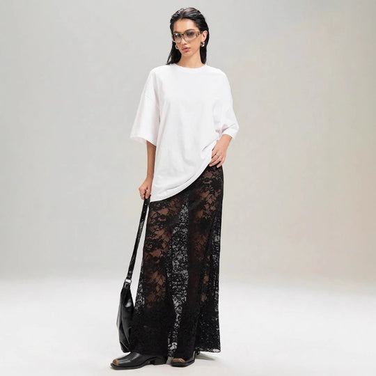 Damen Elegante Spitzenmaxi-Rock mit durchscheinendem Design und seitlichem Schlitz EB