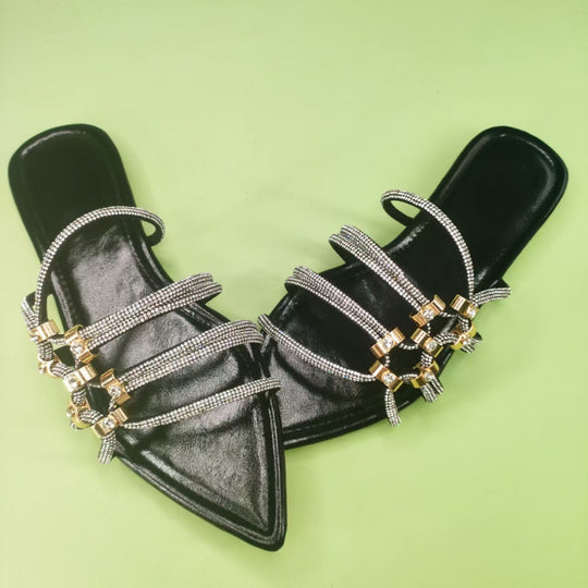 Damen elegante Riemchen-Sandalen mit funkelnden Akzenten und spitzem Zehenbereich EB