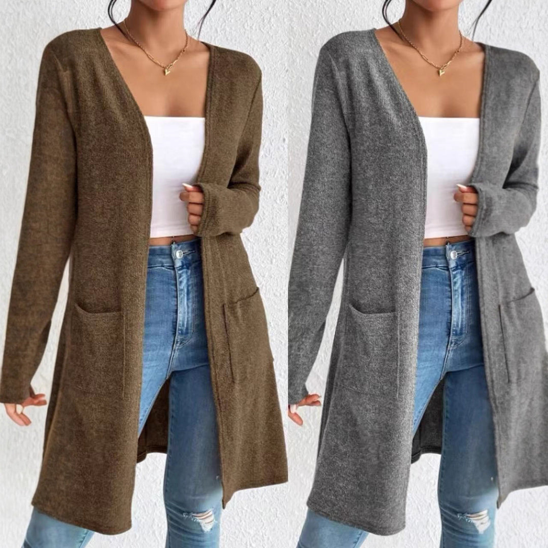 Damen nan offener Longcardigan mit aufgesetzten Taschen und weichem Feinstrick EB
