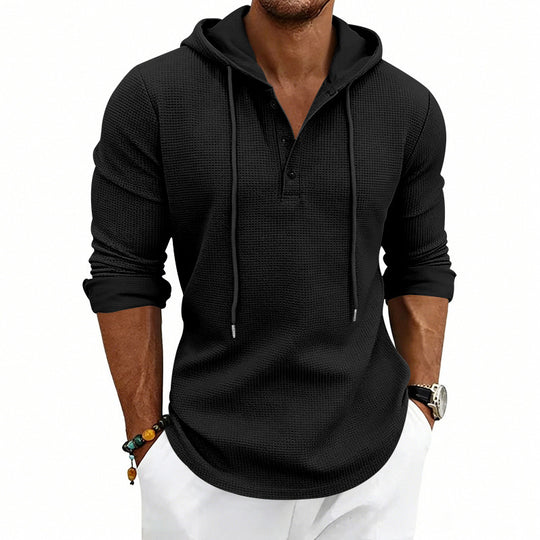 Herren nan lässiges Waffelstrick-Henley Kapuzenpullover mit Knopfleiste EB
