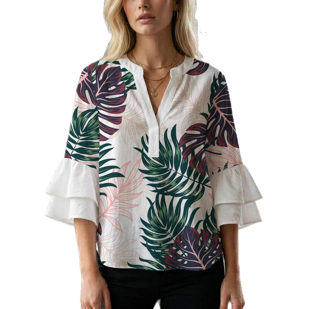 Damen Blusenshirt mit voluminösen Ärmeln und kreativem Druckdesign EB