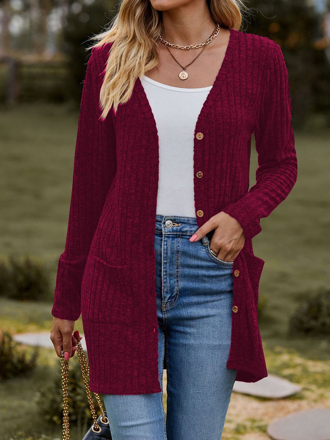 Damen nan langer gerippter Strickcardigan mit Eingrifftaschen und Holzknöpfen EB