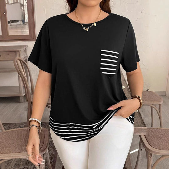 Damen Legeres T-Shirt mit gestreiftem Saum und Brusttasche EB