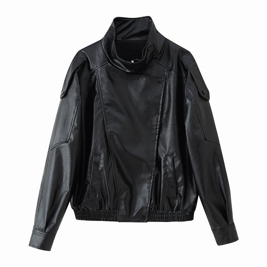 Herren nan lässige Bikerjacke aus Kunstleder mit hohem Stehkragen, Schulterklappen und elastischem Saum EB