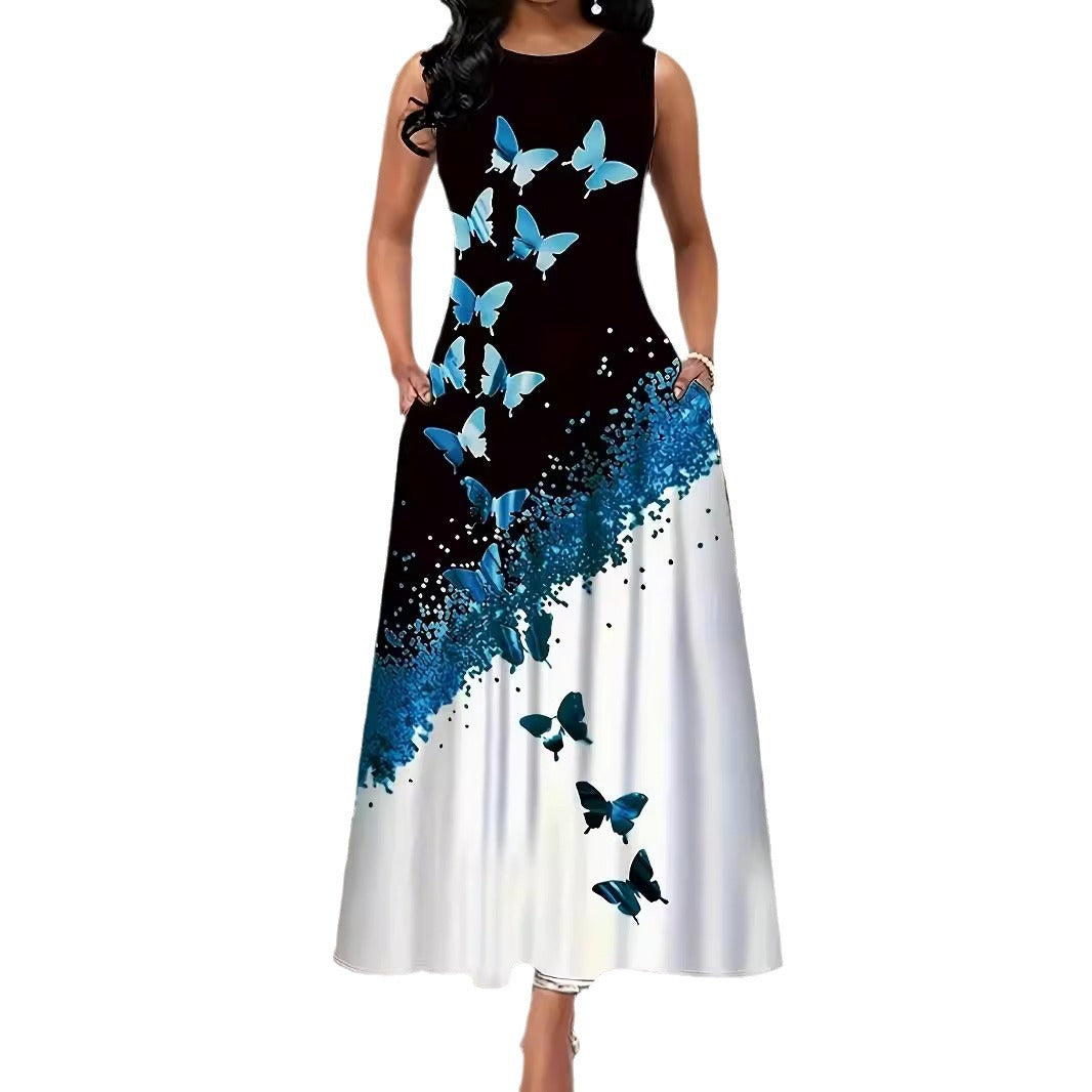 Damen Maxikleid mit buntem Schmetterlingsdruck und fließendem Saum EB