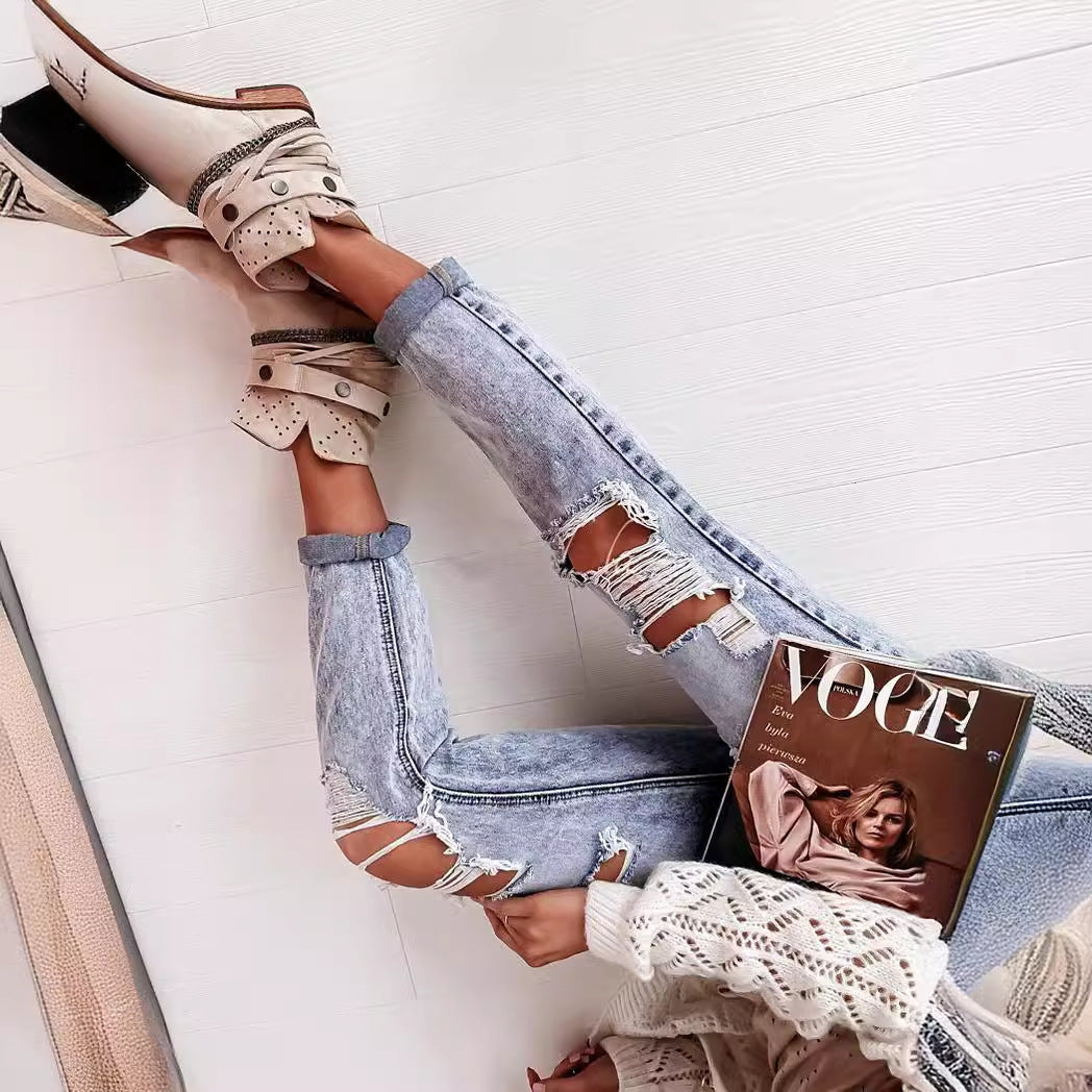 Damen Boyfriend-Jeans mit Destroyed-Details und hohem Komfortbund EB