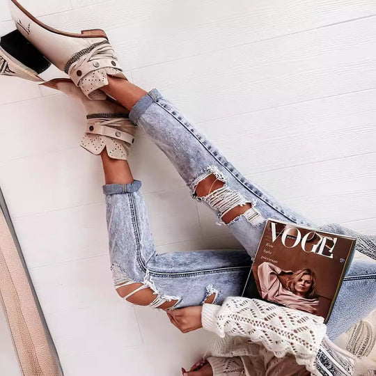 Damen Boyfriend-Jeans mit Destroyed-Details und hohem Komfortbund EB