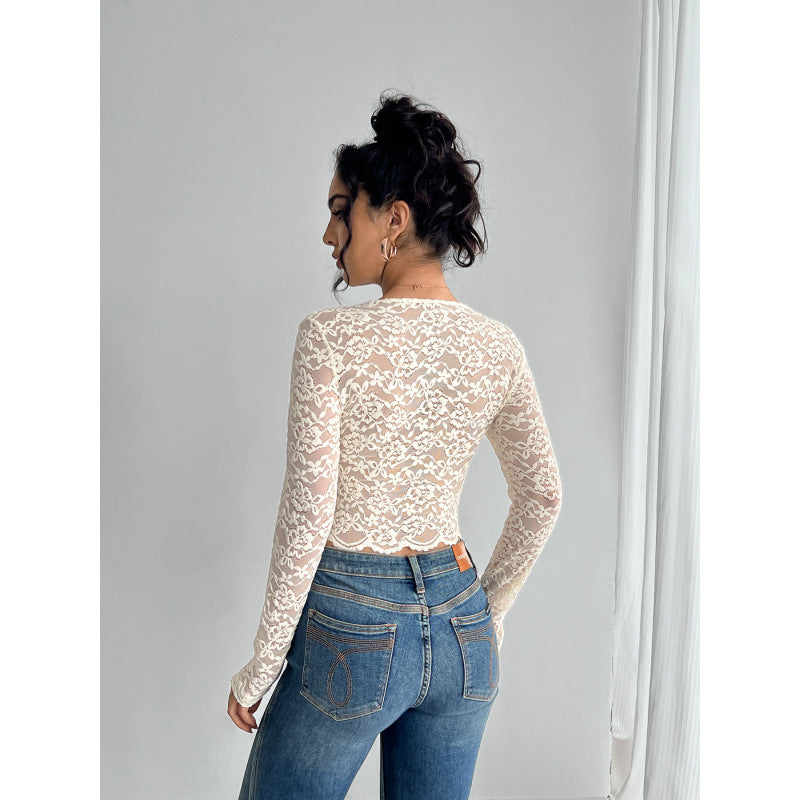 Damen transparenter Longsleeve aus Spitze EB