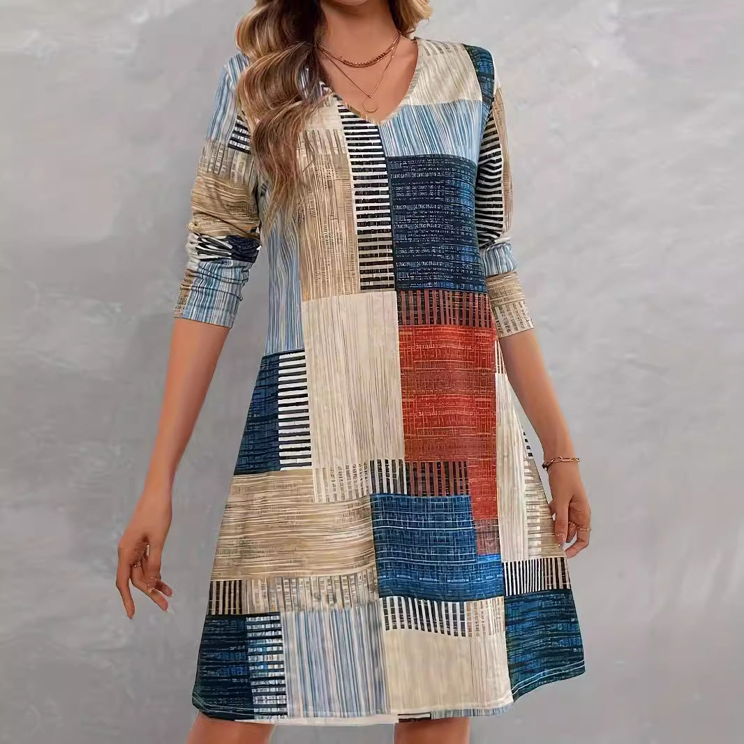 Damen Freizeitkleid mit grafischem Muster und lockerem Schnitt EB
