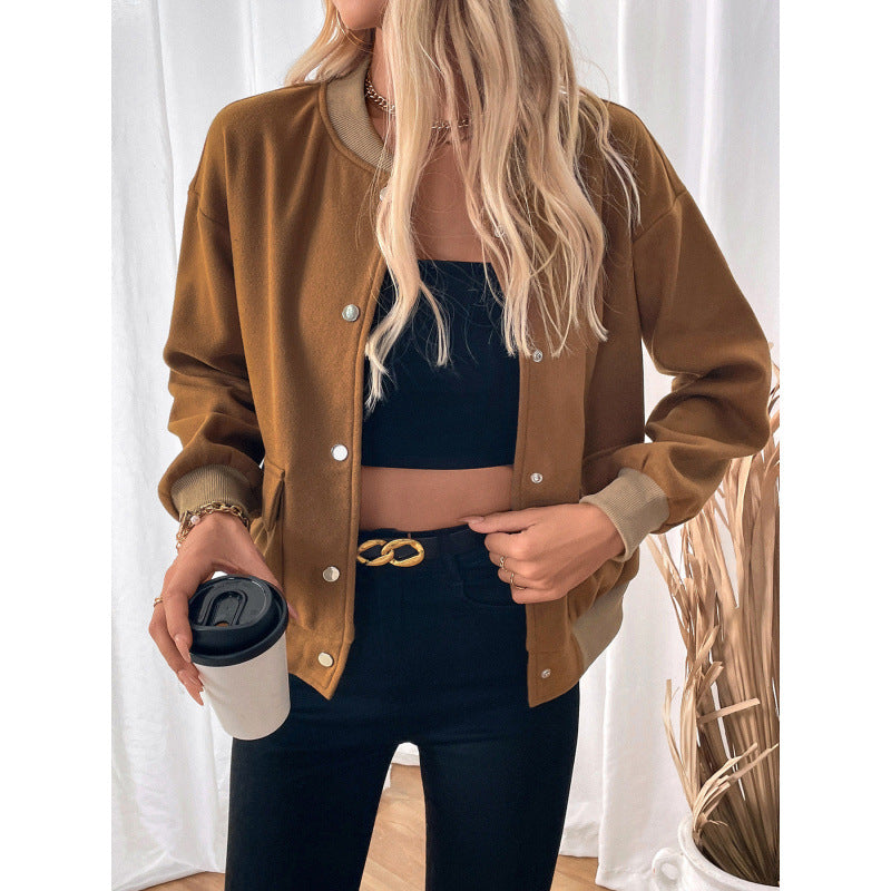 Damen modische Overshirt-Jacke mit Druckknopfverschluss und seitlichen Taschen EB