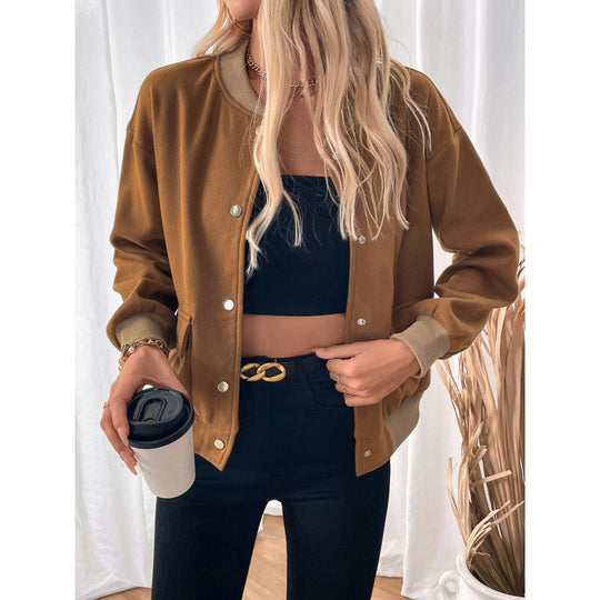 Damen modische Overshirt-Jacke mit Druckknopfverschluss und seitlichen Taschen EB