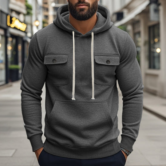 Herren nan sportiver Kapuzenpullover mit aufgesetzten Klappentaschen, Kängurutasche und schmalem Saum EB