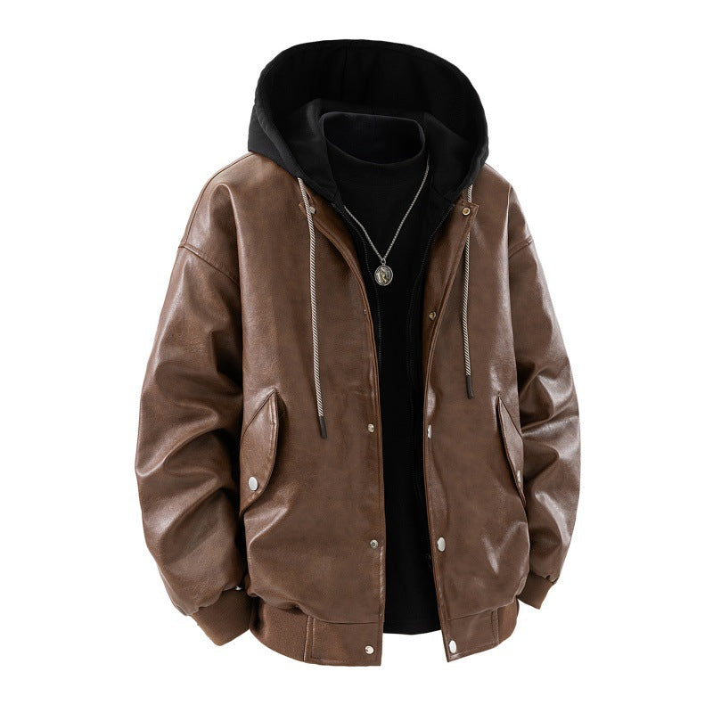 Herren oversized Kunstleder-Bomberjacke mit kontrastkapuze, Druckknopfblende und aufgesetzten Taschen EB