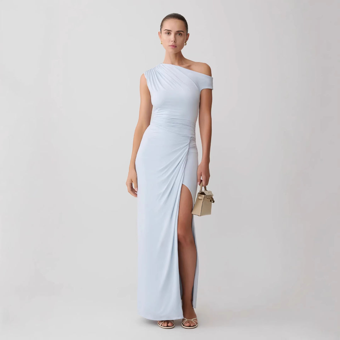 Damen Elegantes Maxi-Kleid mit One-Shoulder Design und hohem Schlitz EB