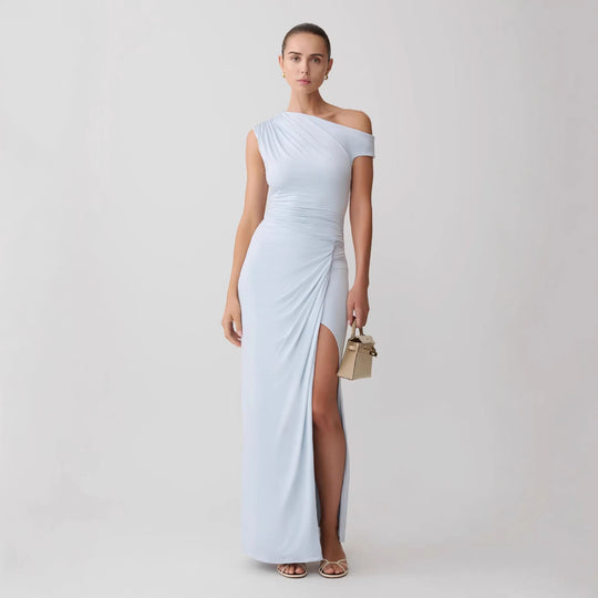 Damen Elegantes Maxi-Kleid mit One-Shoulder Design und hohem Schlitz EB