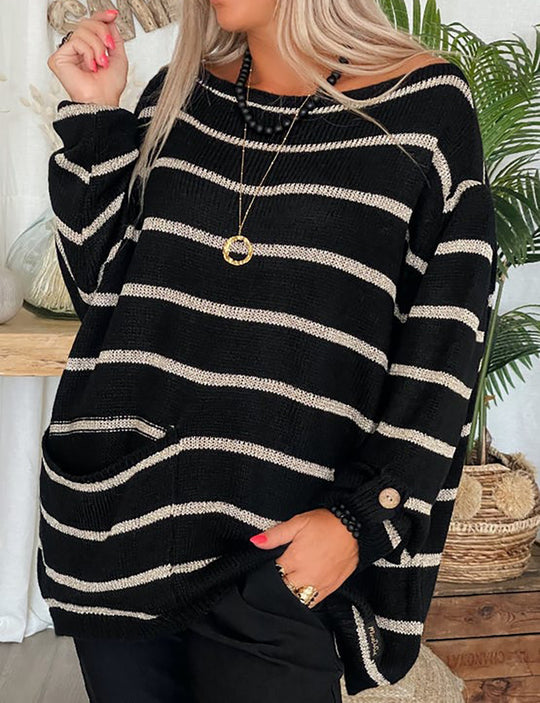 Damen lässiger Strickpullover mit elegantem Streifenmuster und praktischer Brusttasche EB