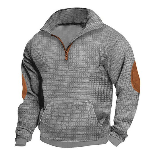 Herren nan strukturiertes Freizeit-Pullover mit kurzem Reißverschluss, Kängurutasche und Ellenbogen-Lederbesatz EB