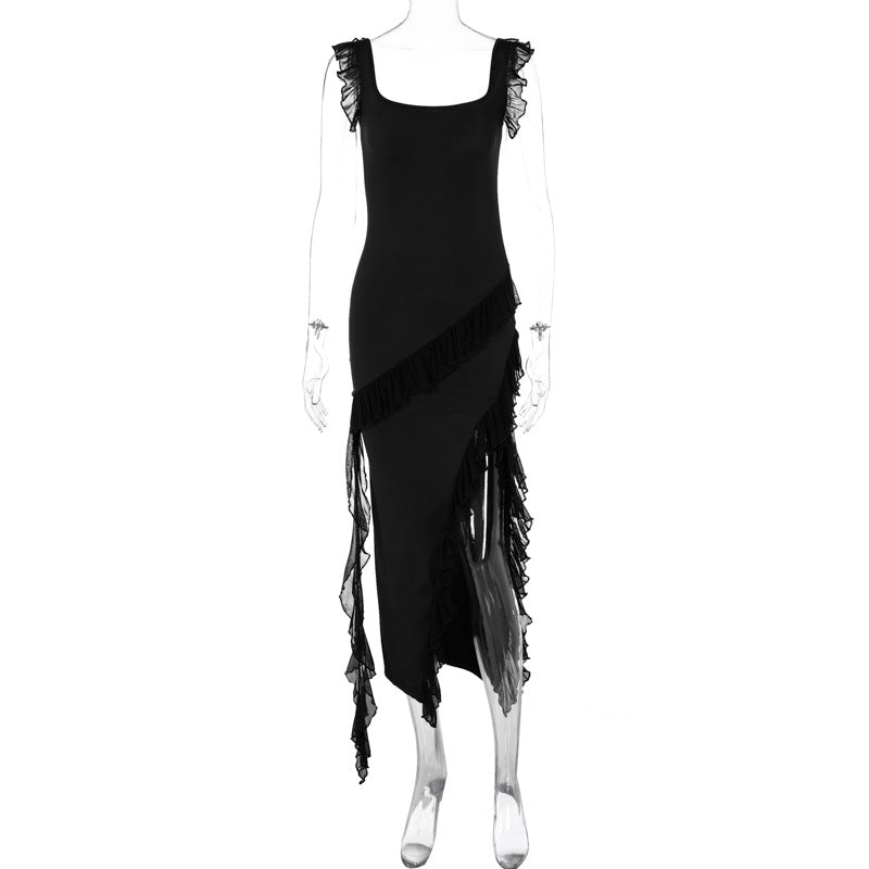 Damen asymmetrisches Maxi-Kleid mit Rüschendetails und hohem Schlitz EB