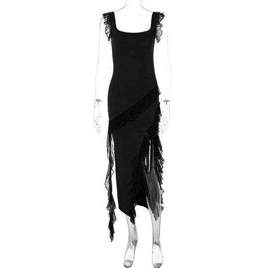 Damen asymmetrisches Maxi-Kleid mit Rüschendetails und hohem Schlitz EB