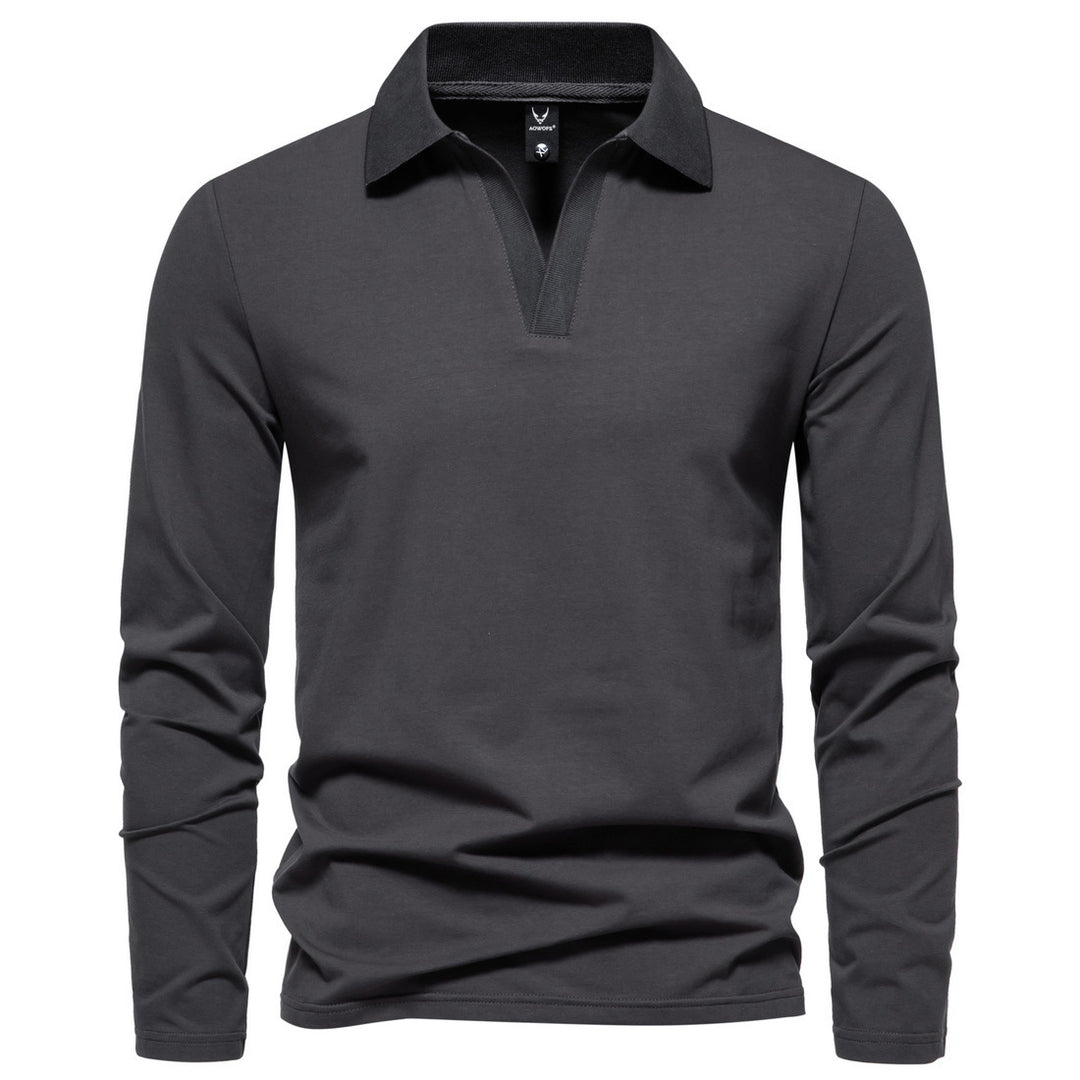 Herren nan Langarm-Polo mit offenem V-Ausschnitt, feinem Rippenkragen und schmaler Silhouette EB