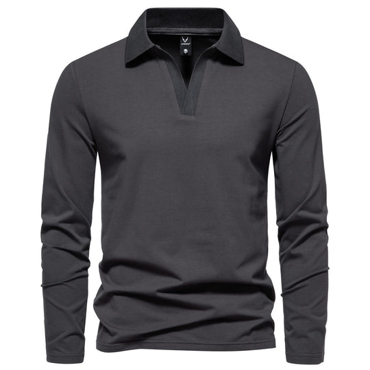 Herren nan Langarm-Polo mit offenem V-Ausschnitt, feinem Rippenkragen und schmaler Silhouette EB