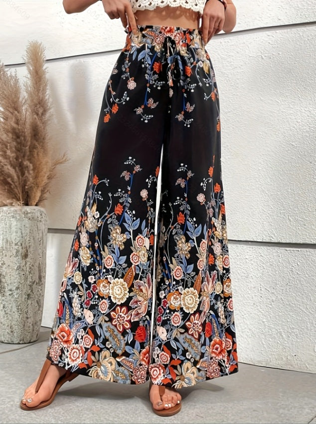 Damen Palazzohose mit buntem Print und elastischem Bund EB