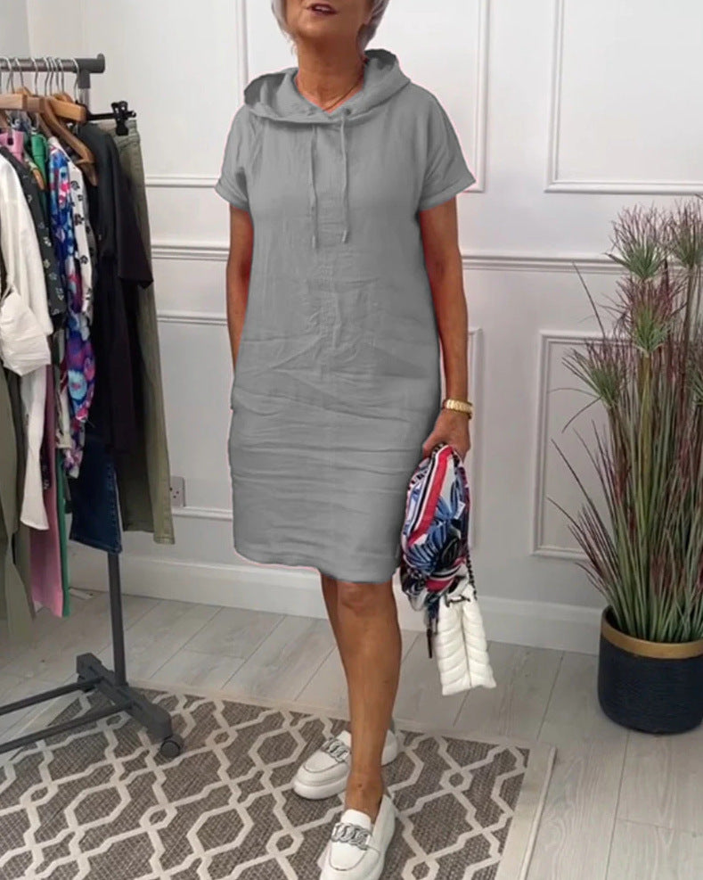 Damen nan legeres Kapuzenkleid mit kurzem Ärmel, geradem Schnitt und Kordelzug EB