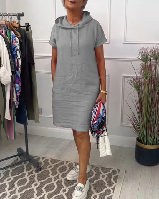 Damen nan legeres Kapuzenkleid mit kurzem Ärmel, geradem Schnitt und Kordelzug EB