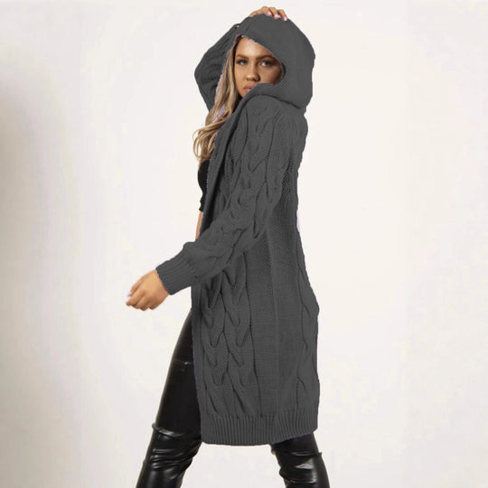 Damen Strickmantel mit Kapuze und Zopfmuster EB