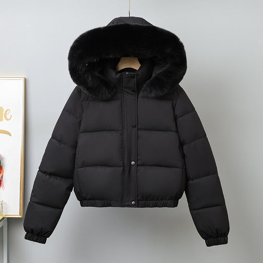 Damen nan kurz geschnittener Thermo-Blouson mit voluminöser Kapuzenblende und elastischem Saum EB