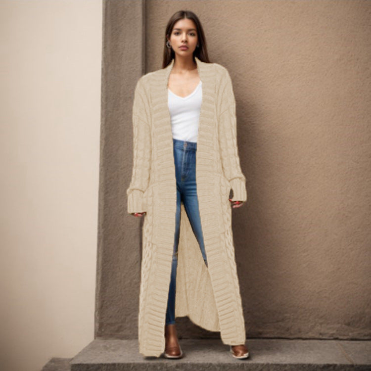 Damen Langer Strickcardigan mit raffiniertem Zopfdesign und praktischen Taschen EB