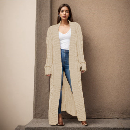 Damen Langer Strickcardigan mit raffiniertem Zopfdesign und praktischen Taschen EB