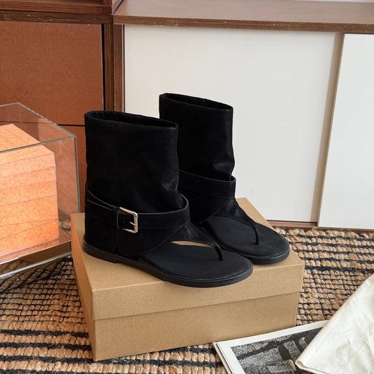 Damen Zehentrenner-Stiefel mit modischem Riemendesign und hochwertiger Veloursleder-Oberfläche EB